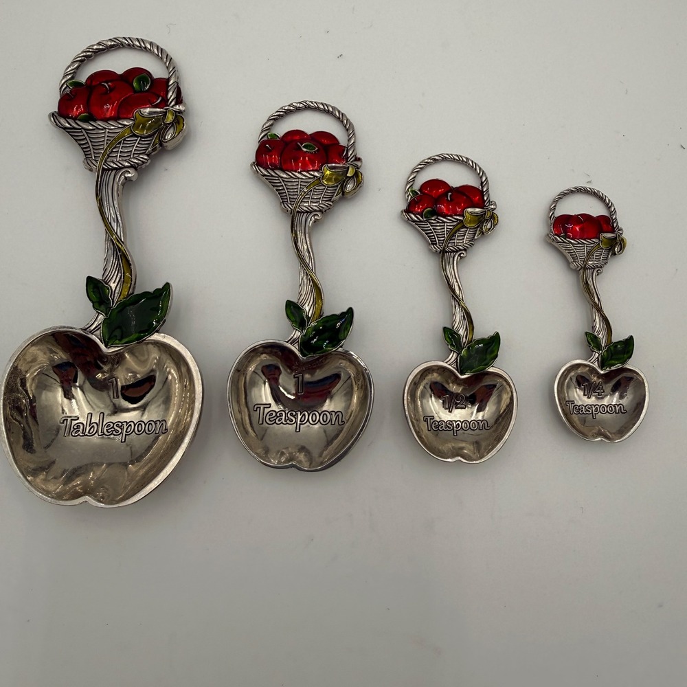 Ganz Vintage Apple Basket Measuring Spoon Set Silver Tone Red Enamel 4 Piece
